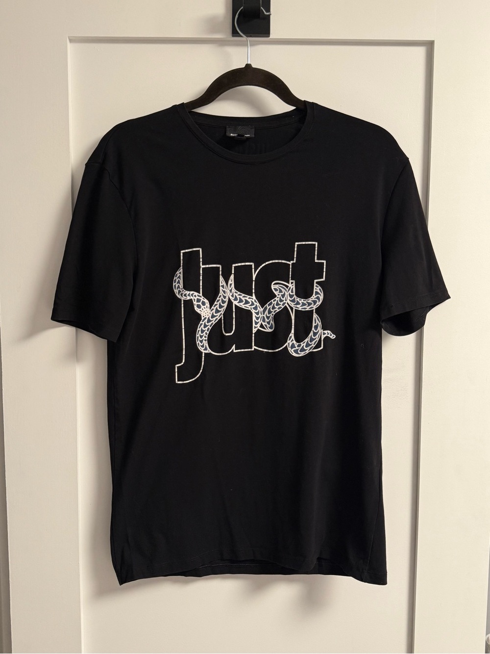 Just Cavalli Black Crewneck Tee with White Snake Logo